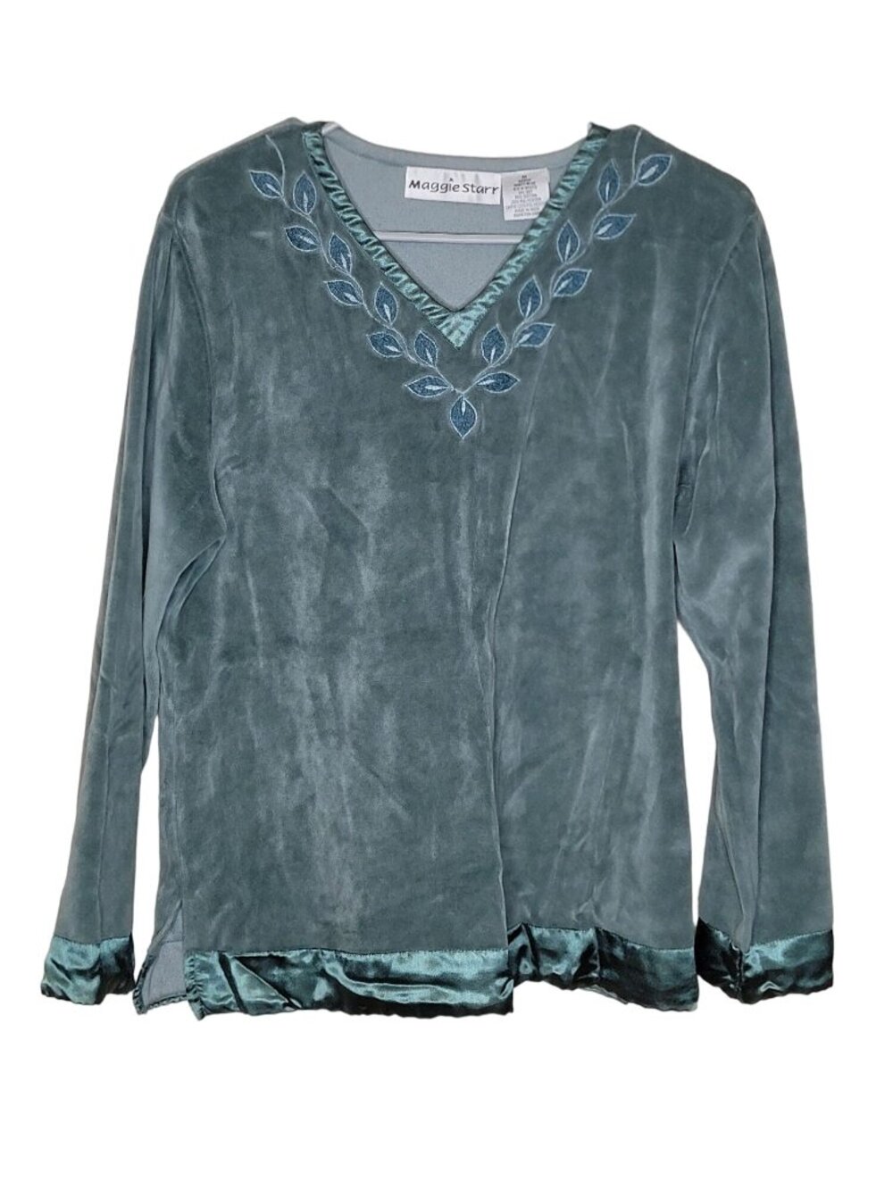 Vintage Maggie Starr Velour Pajama Set Medium Blue Satin Leaf Trim Loungewear - Picture 3 of 15